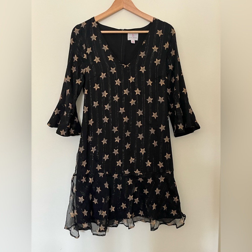 Vintage Y2K 100% Silk Black Dress Gold Star Pattern Bell Sleeve Flowy Chiffon S